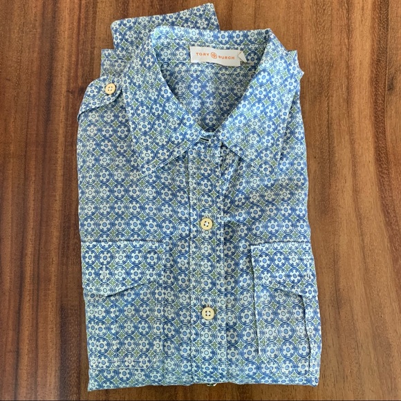 Tory Burch Button Down Brigette Blue Logo Print - Picture 4 of 5